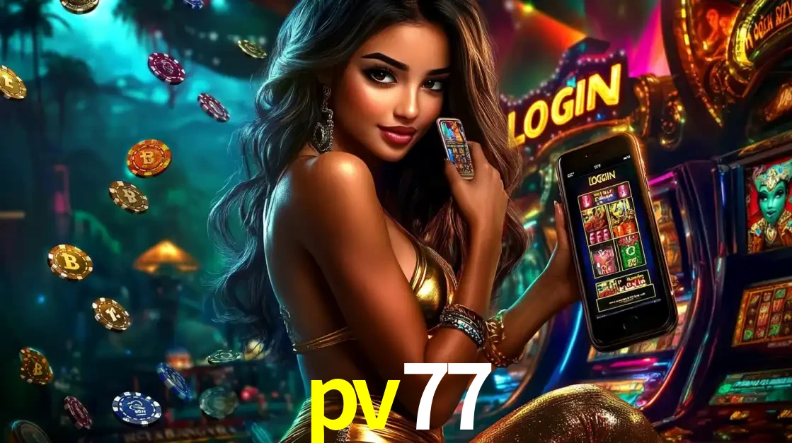 Mulher em um cenário de cassino temático de aventura, mostrando o app de caça-níqueis da pv77 no celular. Fichas de apostas flutuam ao redor.