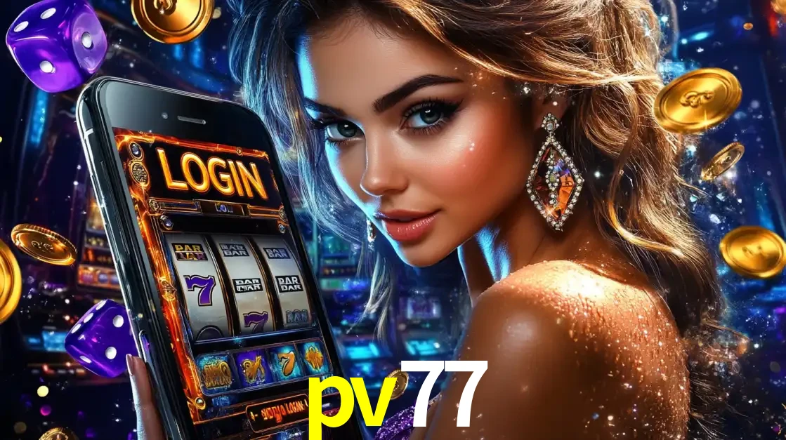 Mulher glamorosa segurando um smartphone com a tela de login para os jogos de caça-níqueis do cassino online pv77, com moedas de ouro e dados ao redor.