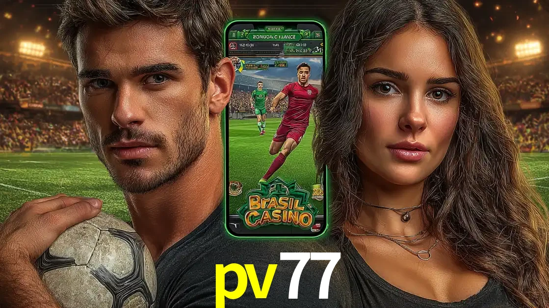 Homem segurando uma bola de futebol e uma mulher ao lado de um smartphone exibindo o jogo de apostas esportivas da pv77. Faça seu palpite no cassino online.